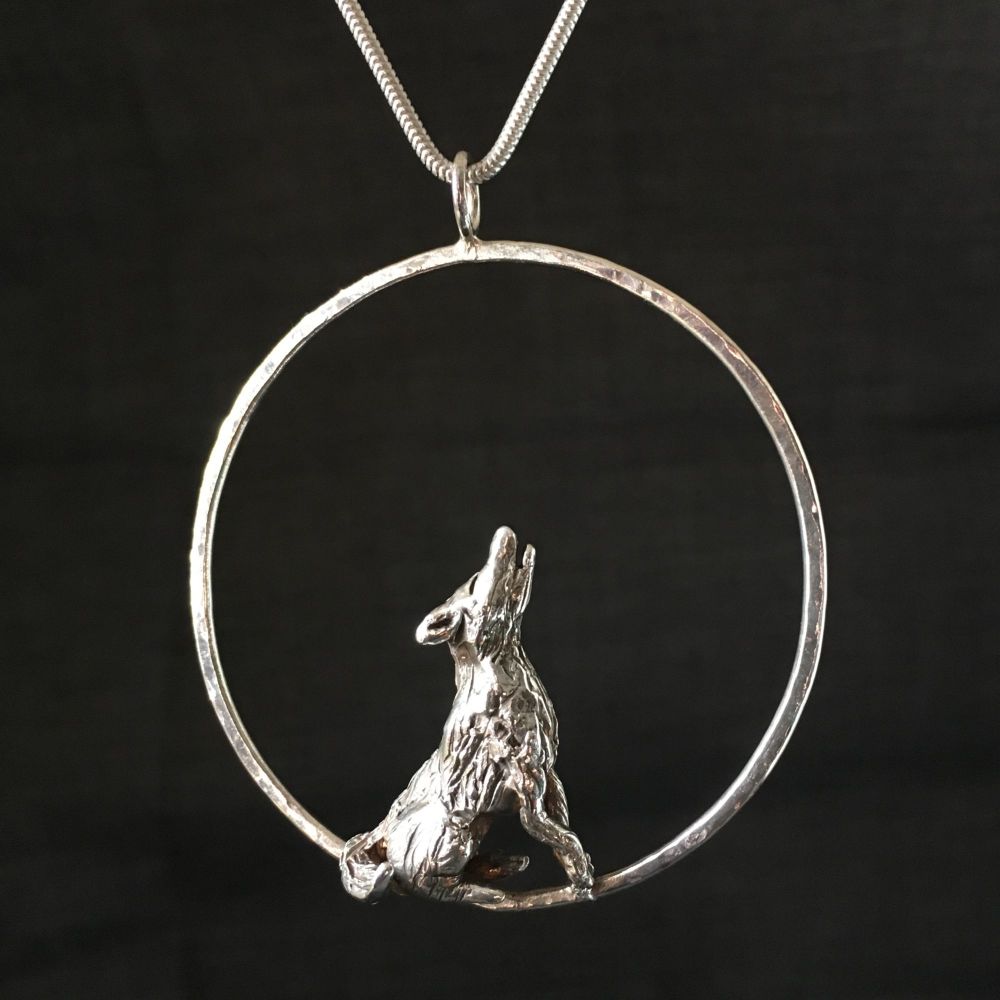Moon Gazing Wolf Solid Silver Handmade Pendant