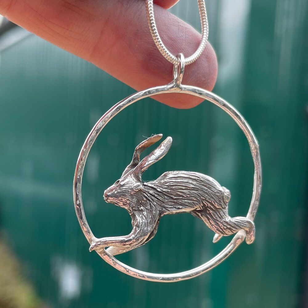 Solid Silver Leaping Hare Pendant - One of a Kind