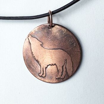Hand Etched Copper Wolf Pendant Necklace