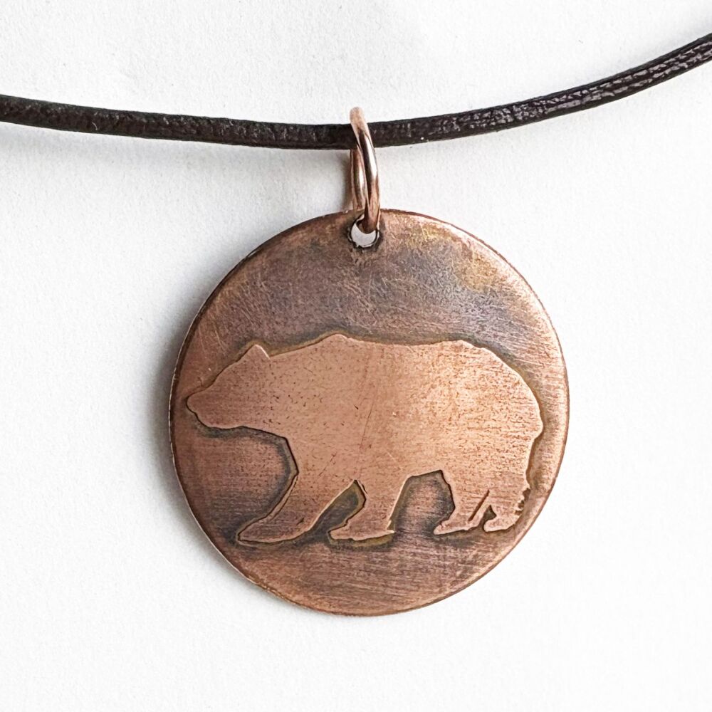Hand Etched Copper Wandering Bear Pendant Necklace