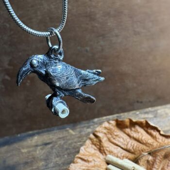 "Send A Raven!" Solid Silver Raven Pendant complete with tiny paper message scroll