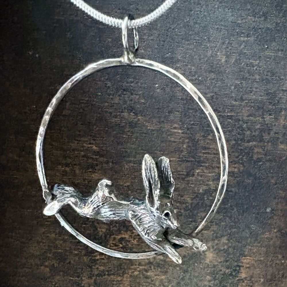 Solid Silver Leaping Hare Pendant - One of a Kind