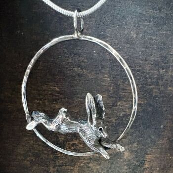 Solid Silver Leaping Hare Pendant - One of a Kind