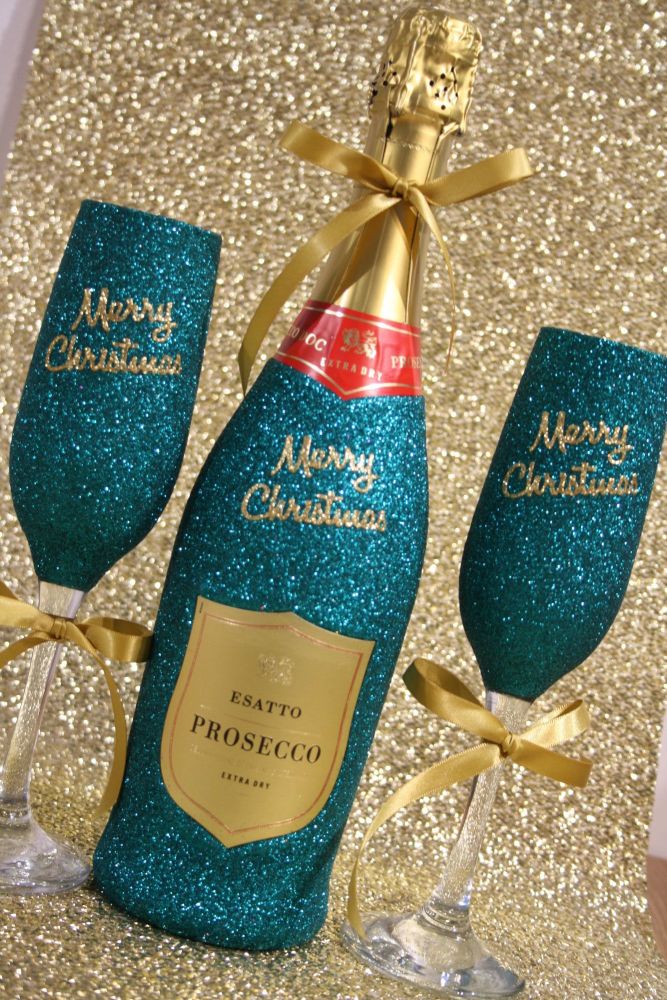 Pair of "Merry Christmas" Glasses with a Bottle