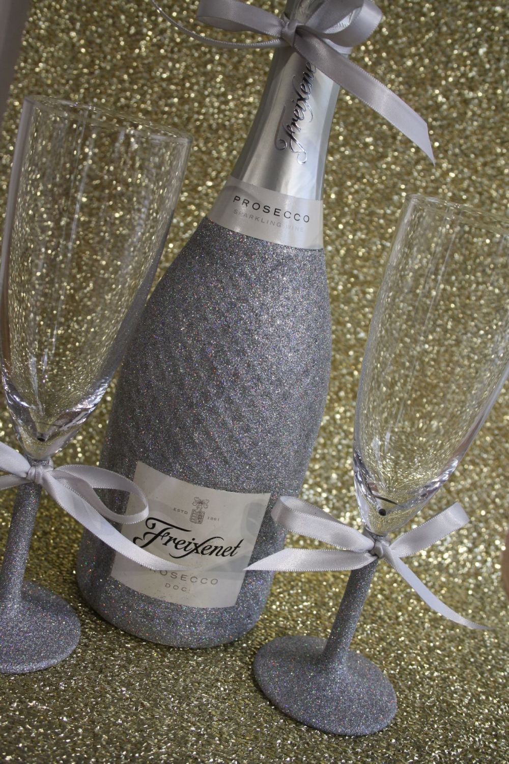 Shimmering Champagne, Prosecco or Cava and Two Champagne Flutes (Stem Only)