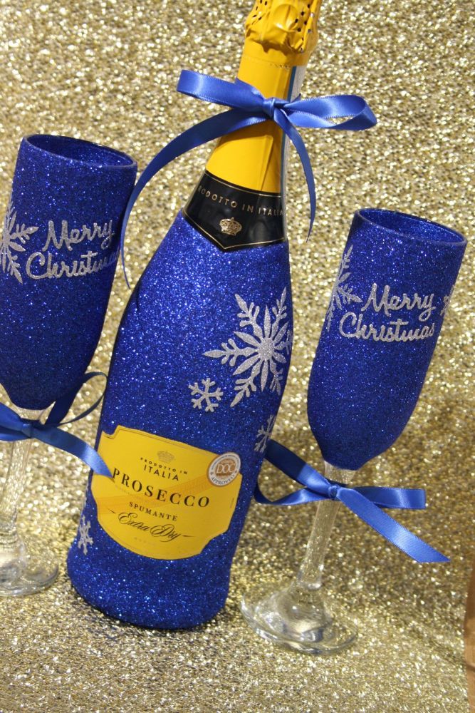 Snowflake Pair of "Merry Christmas" Glasses with a Bottle