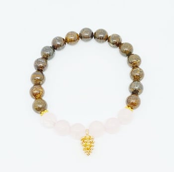 Rose Quartz & Bronzite with gold pine cone bracelet