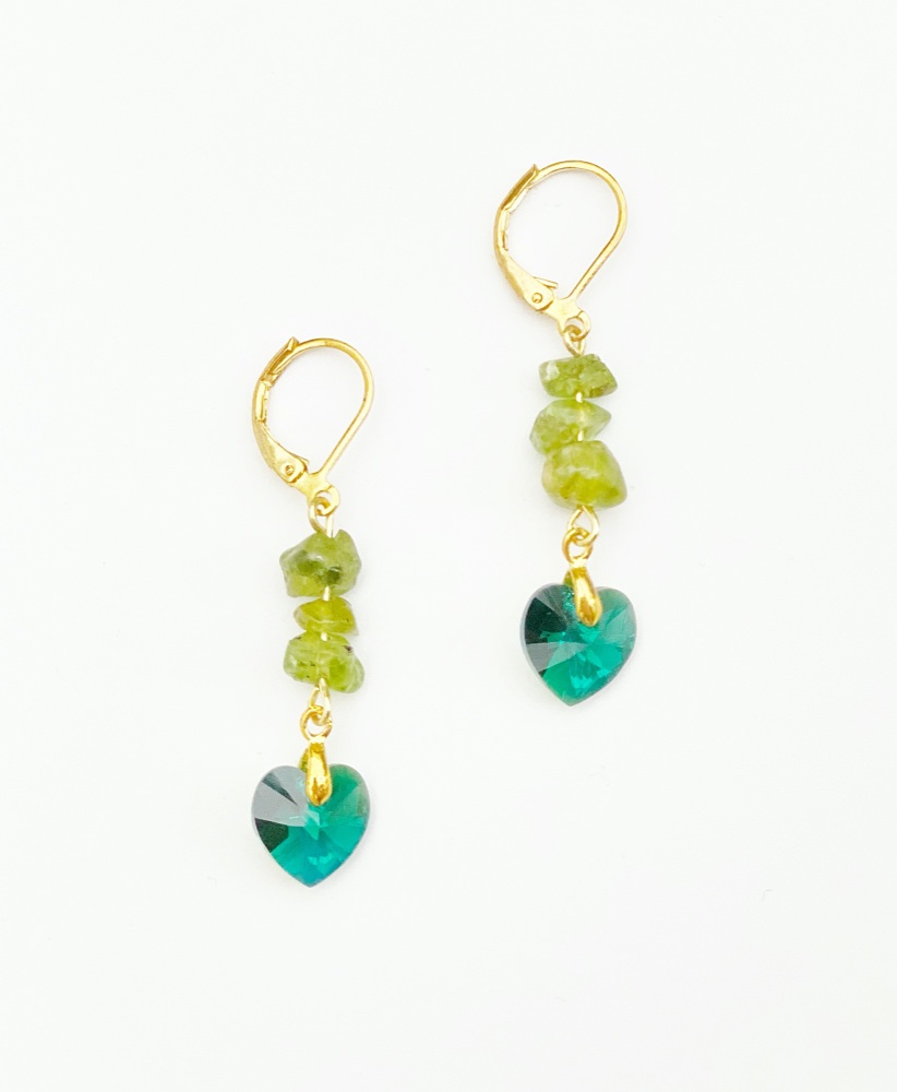 Green Peridot & Swarovski Moss Green heart earrings