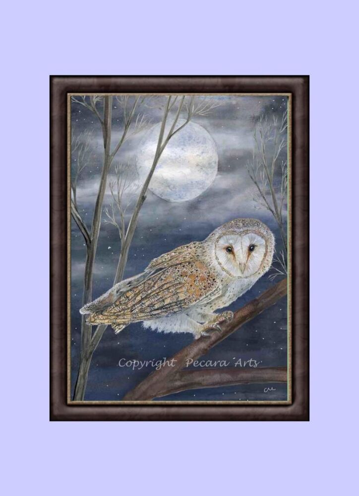 Watching barn owl in moonlit forest. A4 or A3 Giclee print of original watercolour.