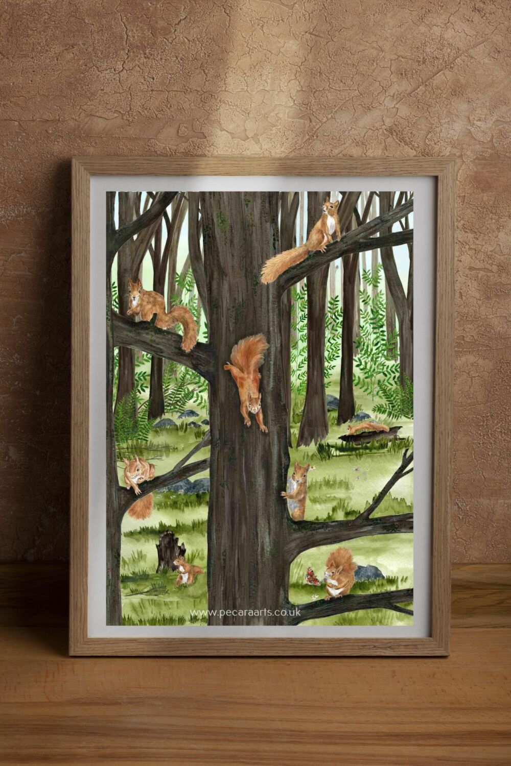 A Scurry of Red Squirrels, Giclee mixed media print.