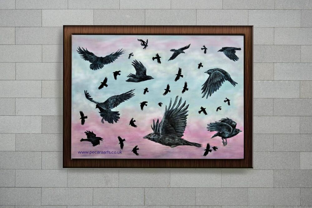 Flock of crows at sunset. A4 or A3 Giclee print of original watercolour.