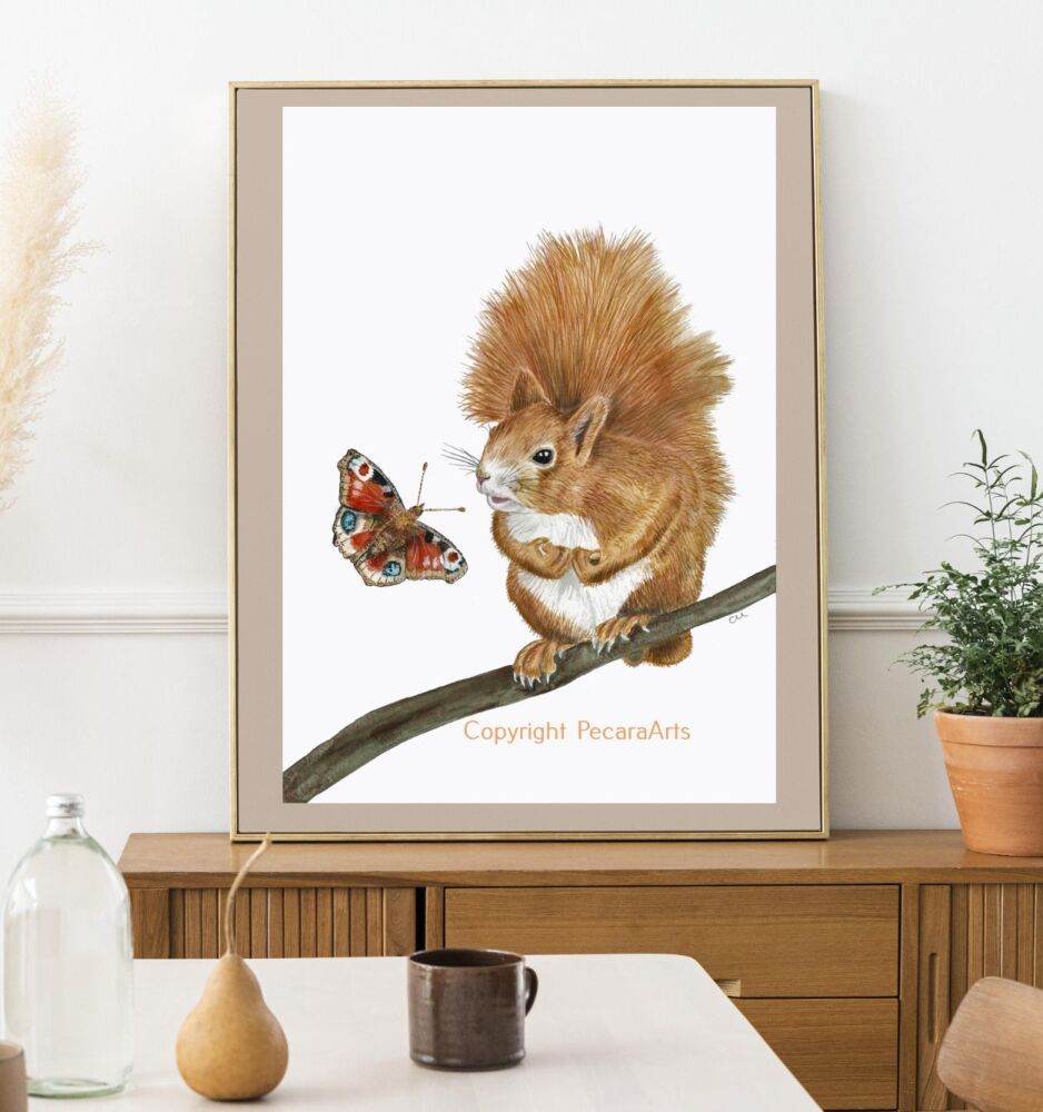 "Hello!", Red Squirrel and Butterfly, A4 Giclee print