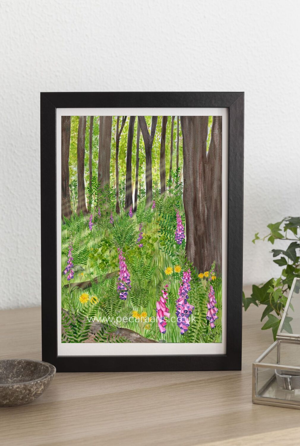 Deer and fawn in sunlit forest, Giclee art print.