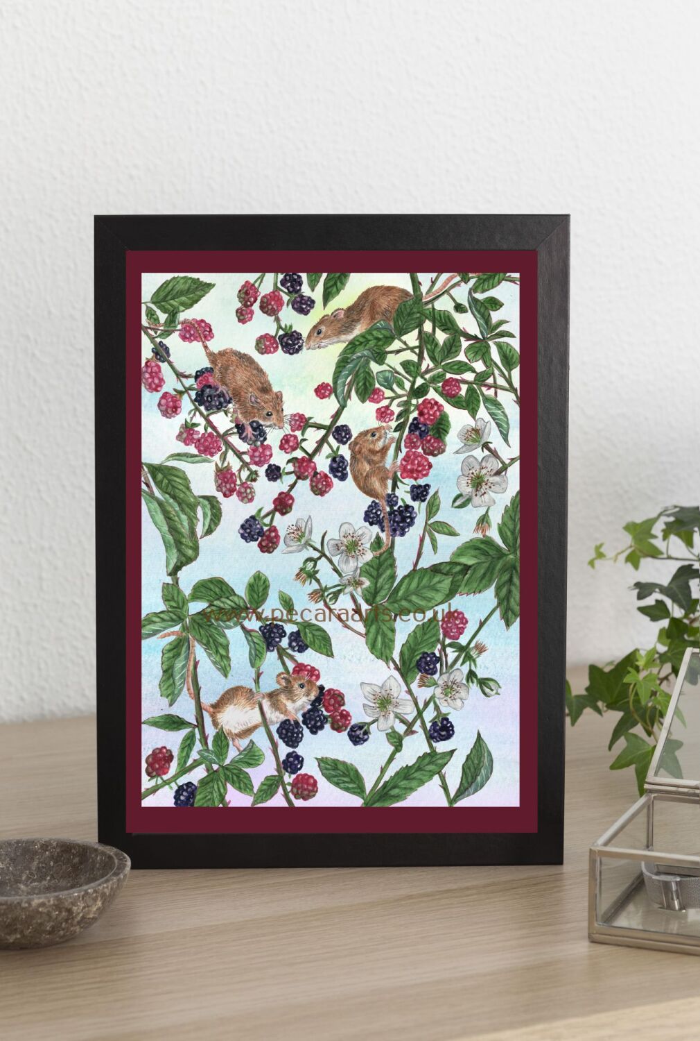 Mice feasting on blackberries on a sky background. Giclee art print of orig