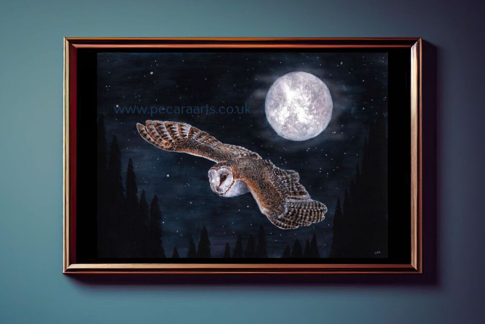 Barn owl moonlit flight. Fine art print of original watercolour.