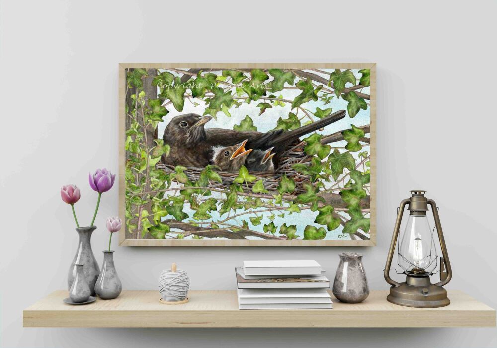 Nesting bird with her chicks. Fine art print.