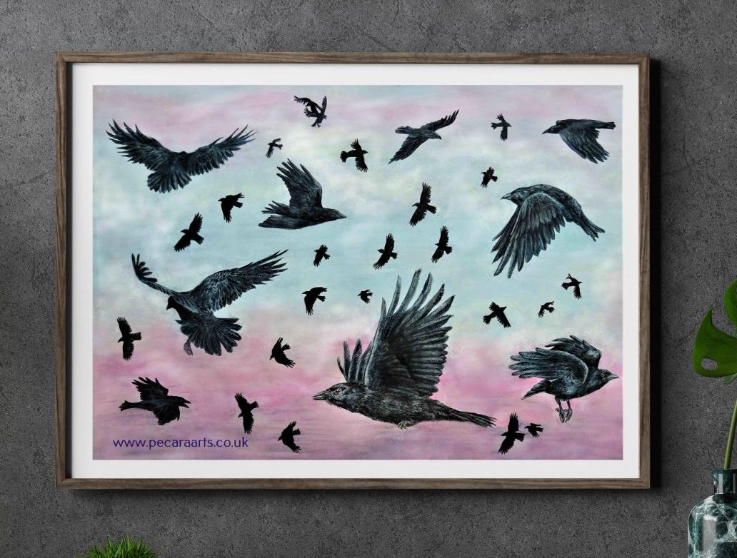 Flock of crows at sunset. Fine art print of original watercolour.