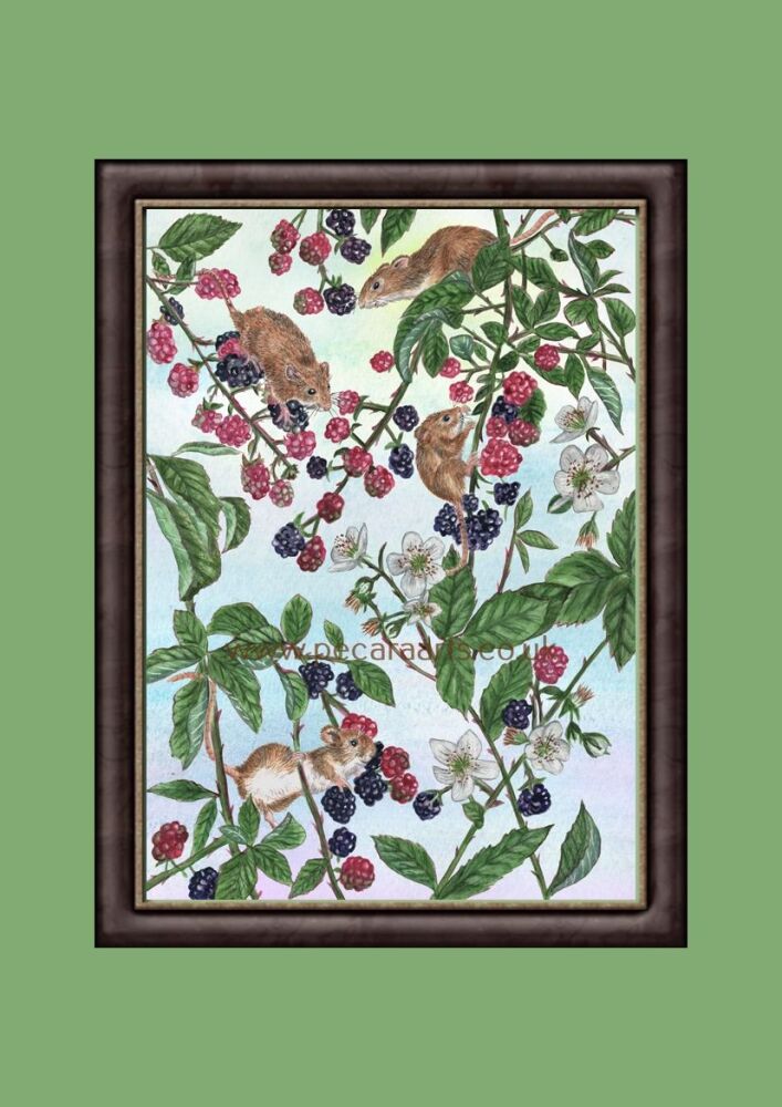 Mice feasting on blackberries on a sky background. Fine art print.