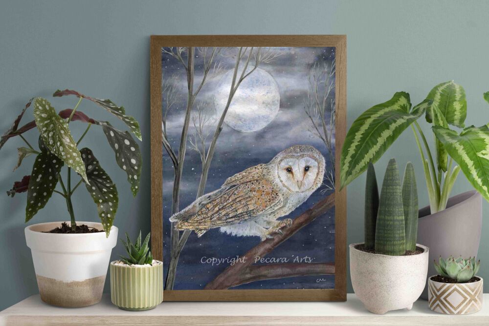 Watching barn owl in moonlit forest, A5 fine art print of original watercol