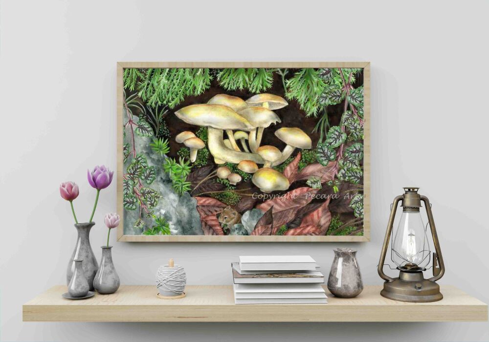 Wild mushrooms with hiding mouse, "Can you see me?" Fine art print.