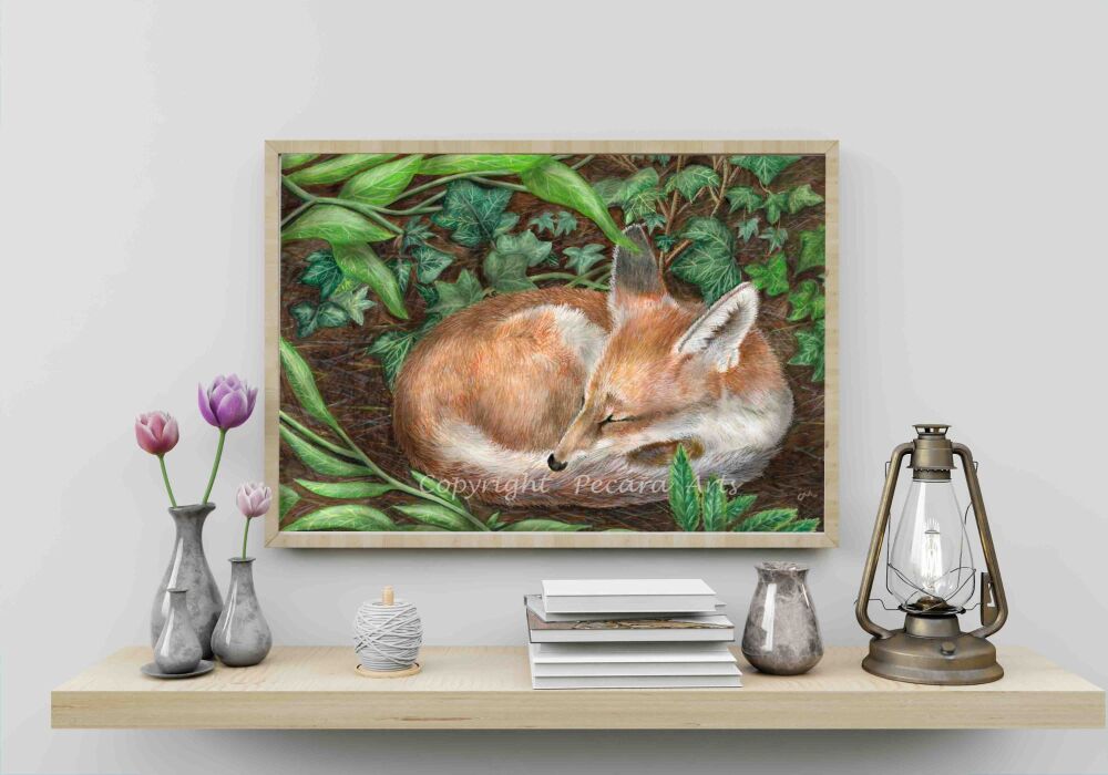 Sleeping fox. Fine art print of original Mixed media painting.