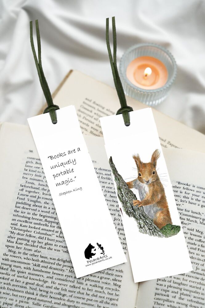 Curious squirrel bookmark, with saying on the back and faux leather tie.