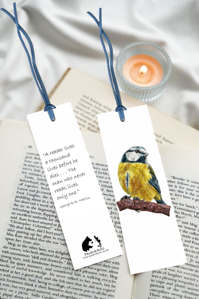 Blue tit book mark, with quote on back and faux leather tie.