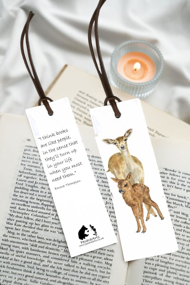 Mother deer and her fawn bookmark, with quote and faux leather tie.