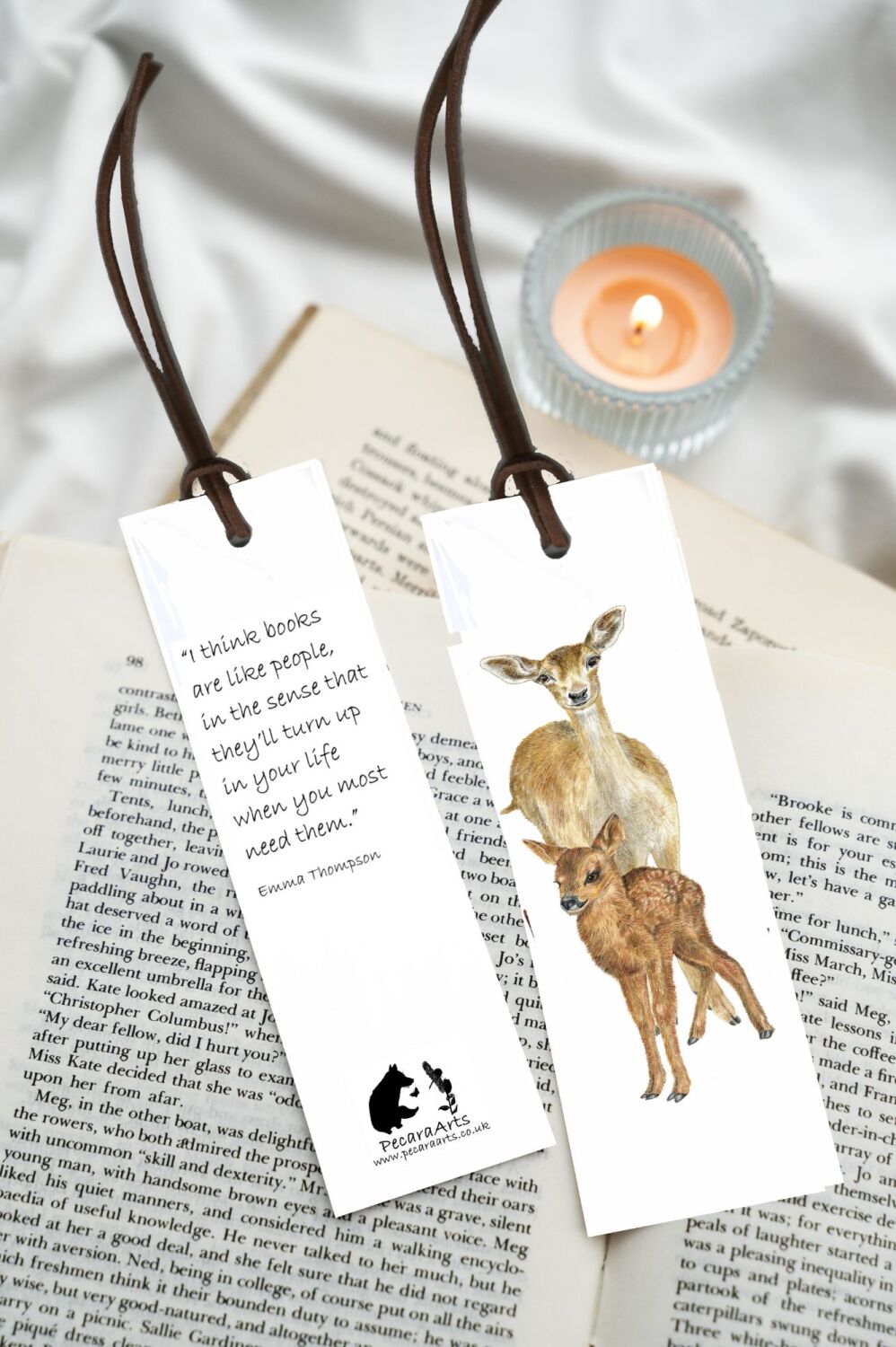 Deer and fawn bookmark, with quote and faux leather tie.