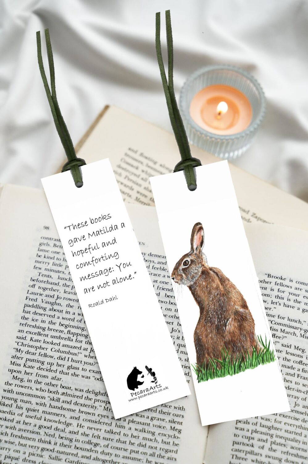 Hare bookmark, with quote and faux leather tie.