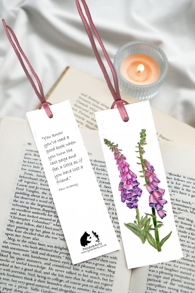 Foxglove bookmark, with quote and faux leather tie.