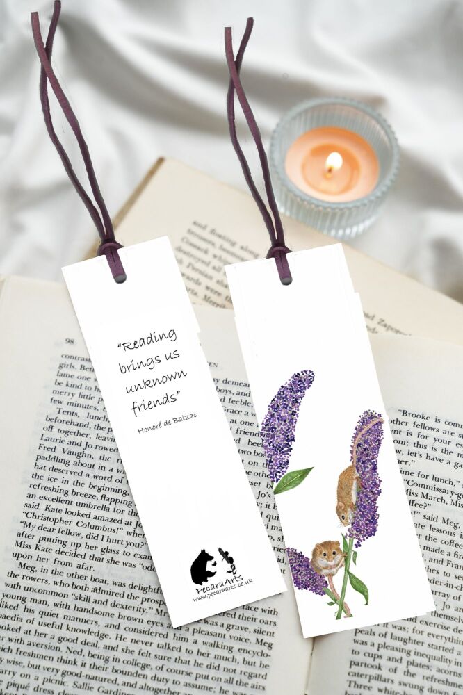 Mice on three buddleia flowers bookmark, with quote and faux leather tie.