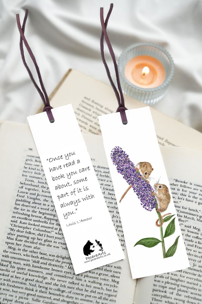 Mice on one buddleia flower bookmark with quote and faux leather tie.