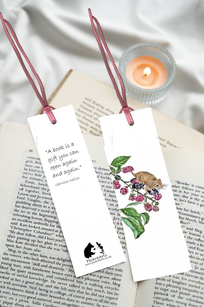 Mouse on blackberries bookmark, with quote and faux leather tie.