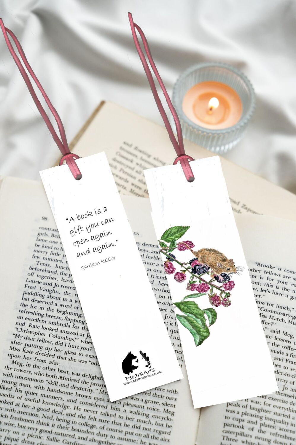 Mouse on blackberries bookmark, with quote and faux leather tie.