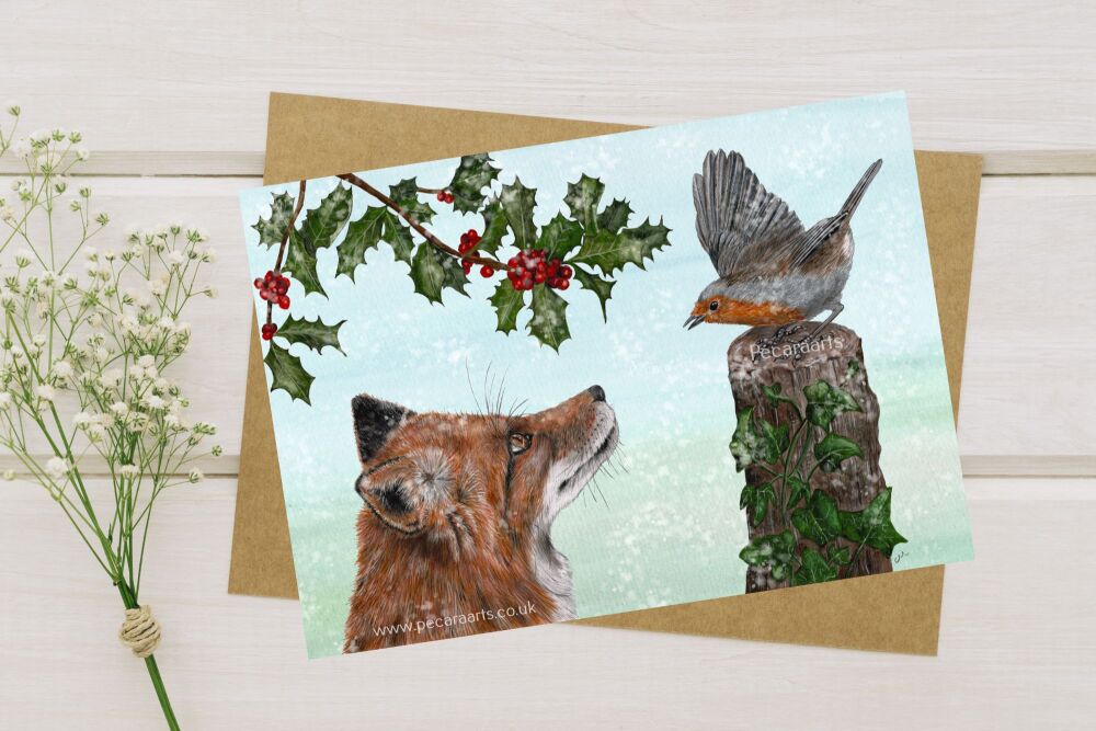 Fox and Robin Christmas Card. 5x7inches. Blank inside.