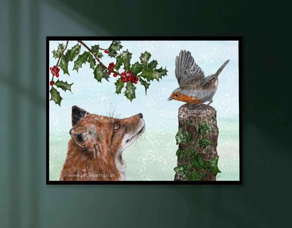 Fox and Robin. Festive Fine Art Print. Print of original watercolour.