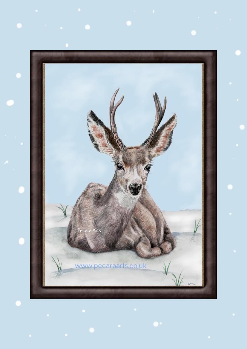 Deer resting in  the snow. Festive Fine Art Print of original watercolour.