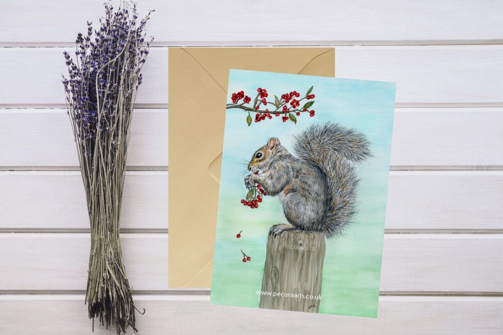 Festive grey squirrel Christmas card .5x7 inches. Blank inside