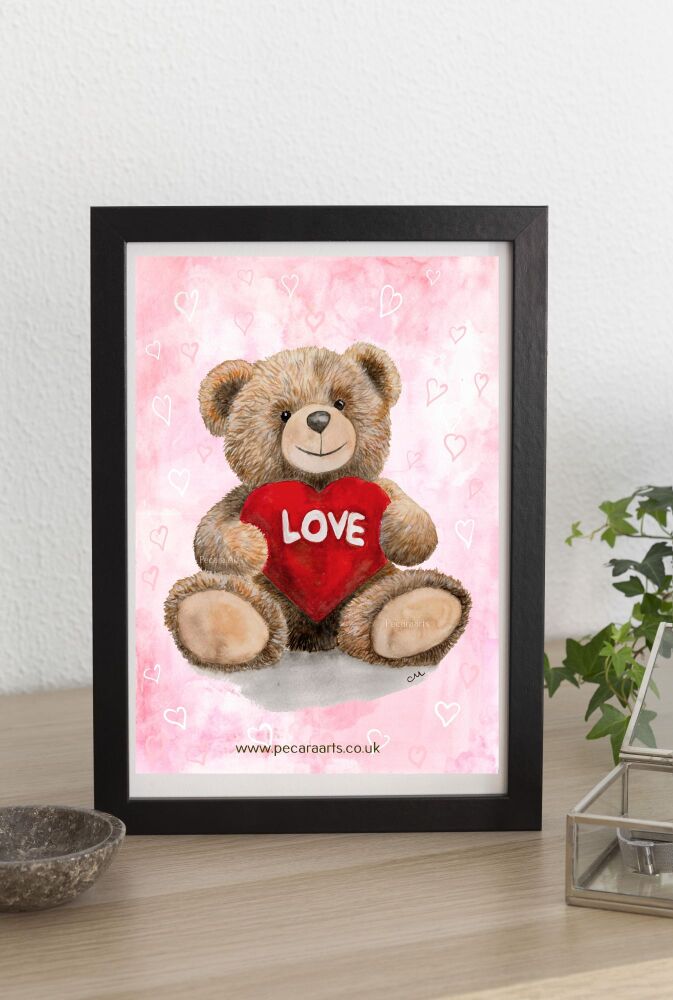 Teddy bear: Love, with pink, hearts background