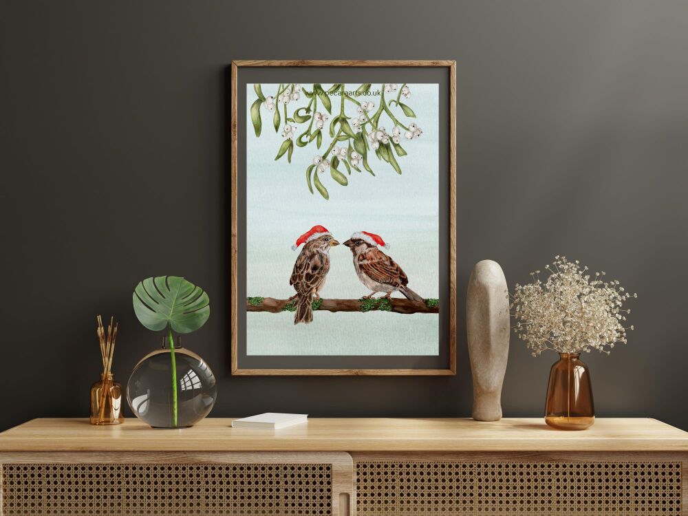 Festive sparrows and mistletoe. Fine art print of original watercolour.