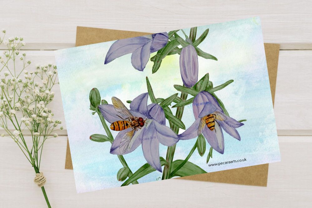 Hoverflies on Bell flowers. 5x7 Greetings Card