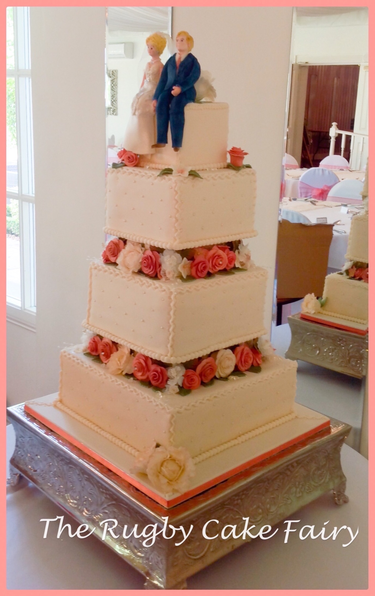 shell pink rose wedding cake side view