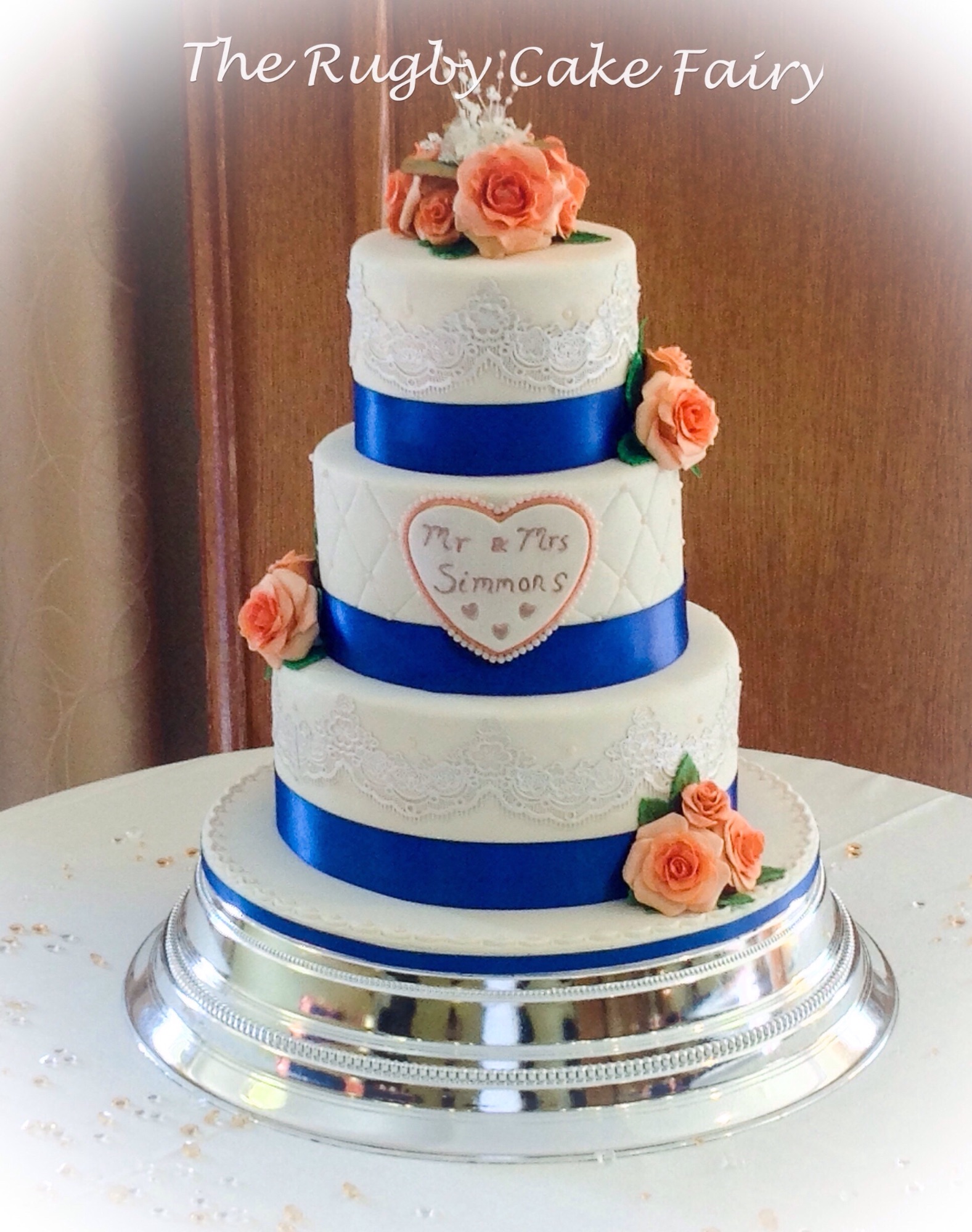 peach rose and lace wedding cake 1