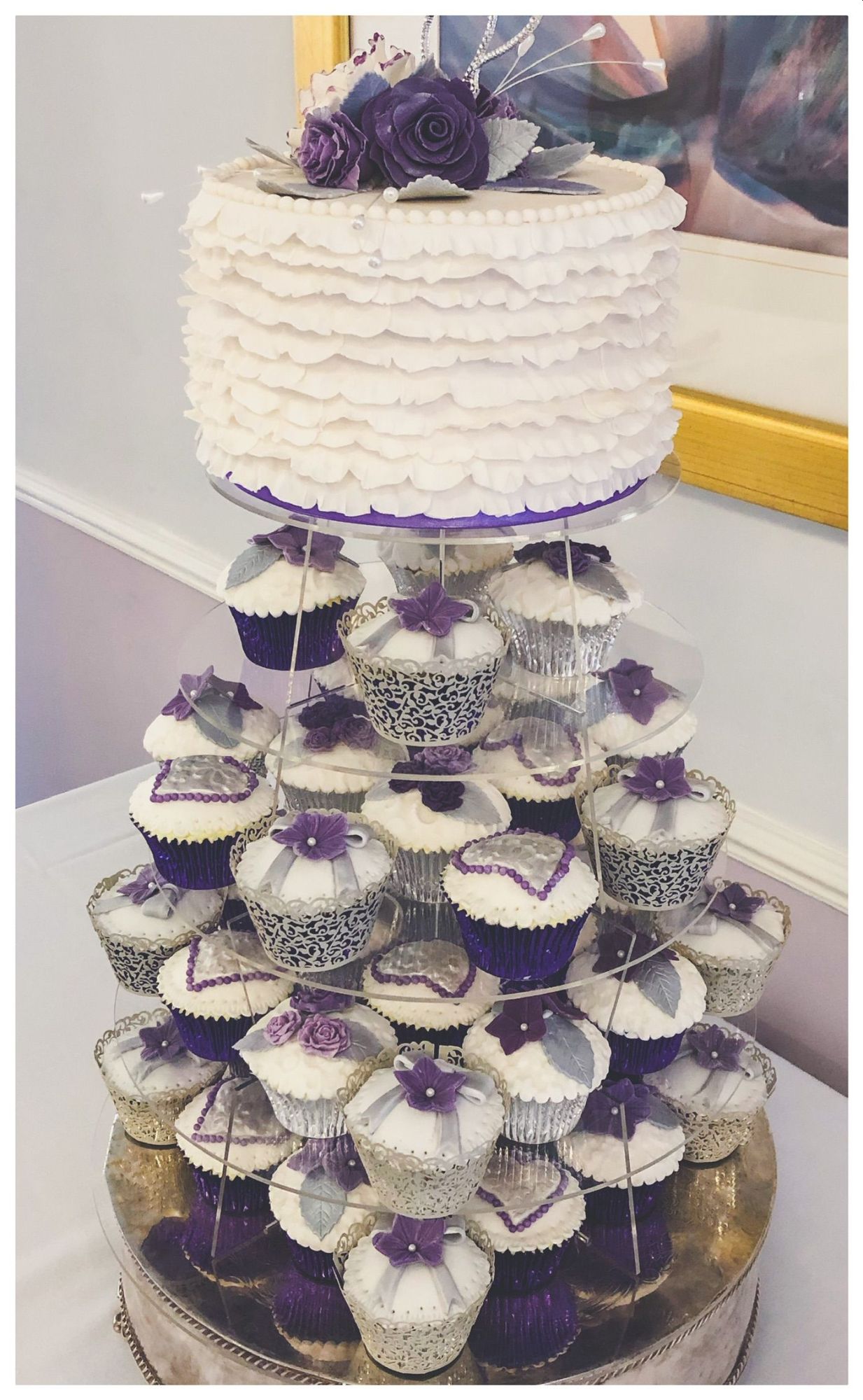 purple wedding cupcake tower and top cake