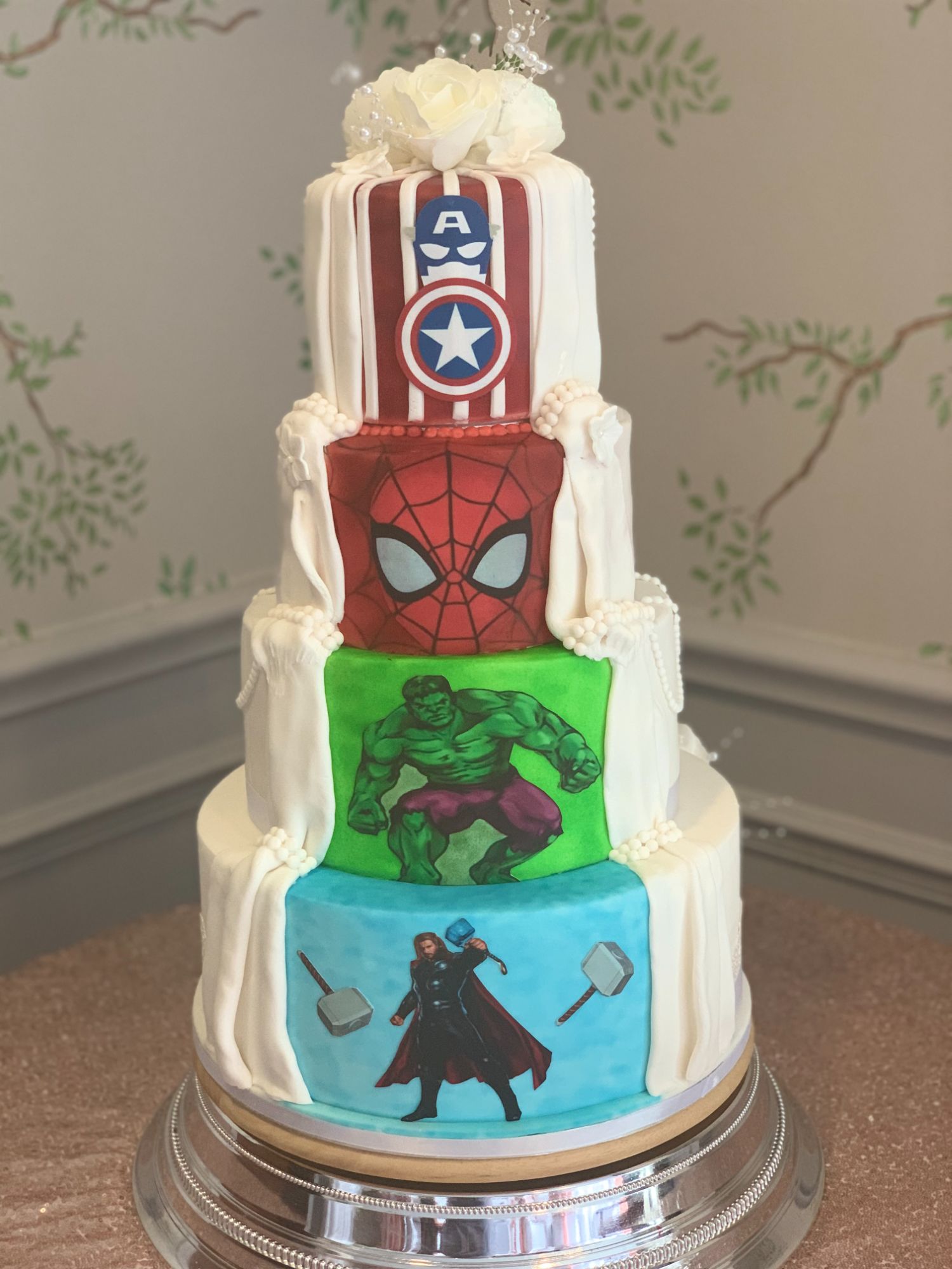 superhero reveal wedding cake back