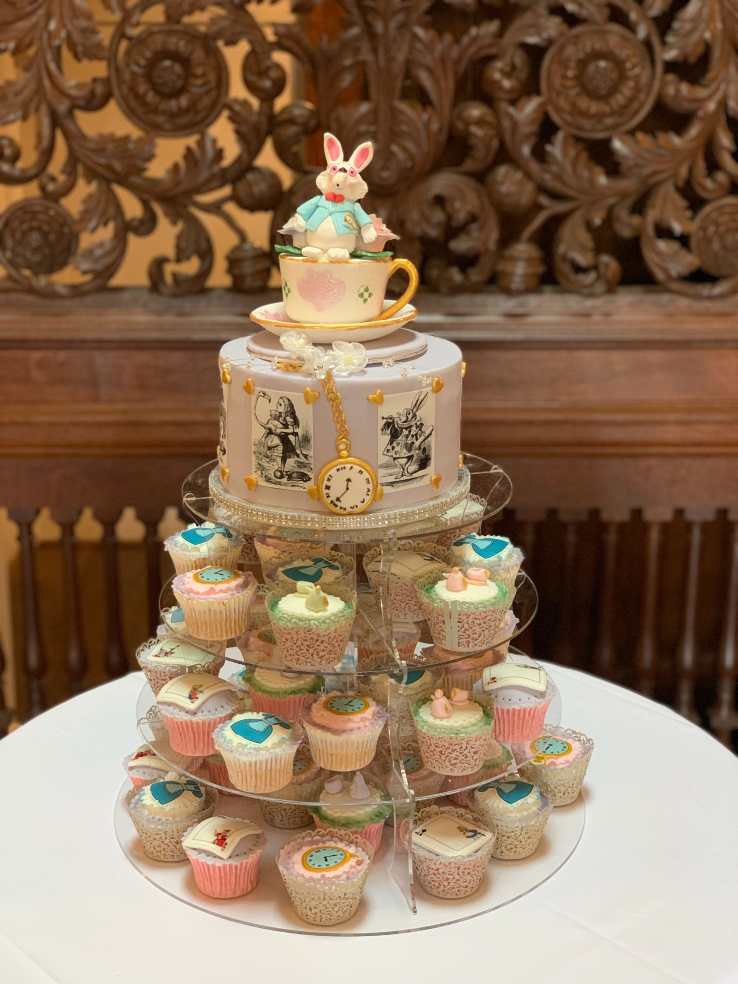 alice in wonderland wedding cake + cupcakes
