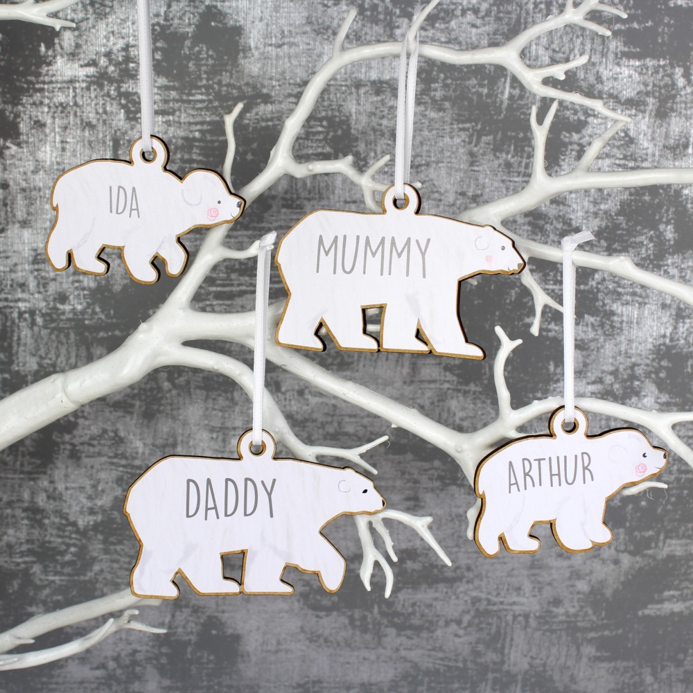 Family Of 4 Hanging Polar Bear Wooden Decorations