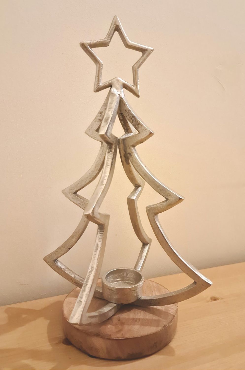 Metal/Wood Mix Christmas Tree Tealight Holder 