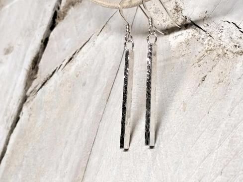 Sterling Silver Slim Bar Hammer Texture Earrings